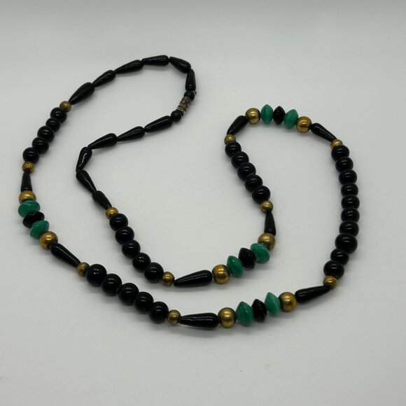 Estate Jewelry - Vintage Glass Beaded Necklace Black Green Brass Accents Statement Long Art Deco